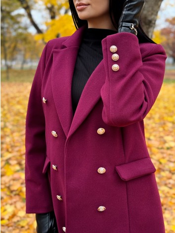 Dámsky bordovo-fialový elegantný kabát s dvojradovým zapínaním Amara