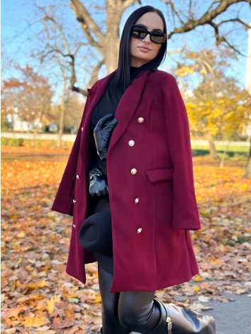Dámsky bordový elegantný kabát s dvojradovým zapínaním Amara