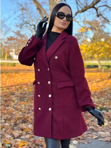 Dámsky bordový elegantný kabát s dvojradovým zapínaním Amara