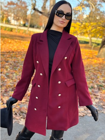 Dámsky bordový elegantný kabát s dvojradovým zapínaním Amara