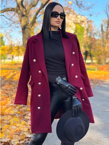 Dámsky bordový elegantný kabát s dvojradovým zapínaním Amara