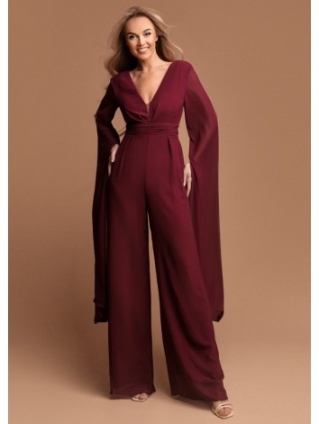 Dámsky bordový elegantný overal s volánmi