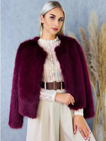 Dámsky bordový kožuštek s huňatým efektom