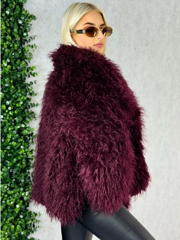 Dámsky bordový mohutný ovečkový kožuch Aurora