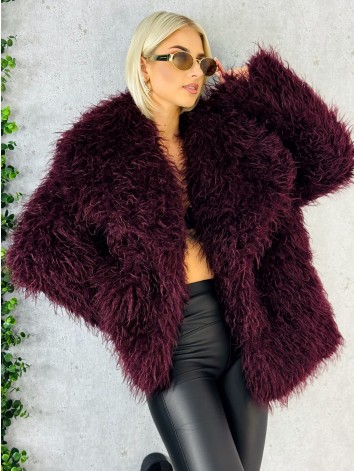 Dámsky bordový mohutný ovečkový kožuch Aurora