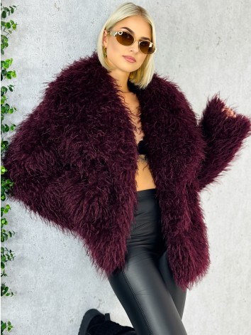 Dámsky bordový mohutný ovečkový kožuch Aurora