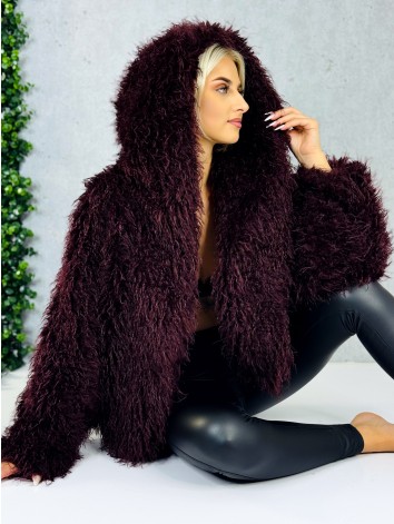 Dámsky bordový ovečkový kožuch s kapucňou Aria