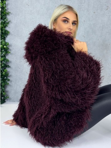 Dámsky bordový ovečkový kožuch s kapucňou Aria