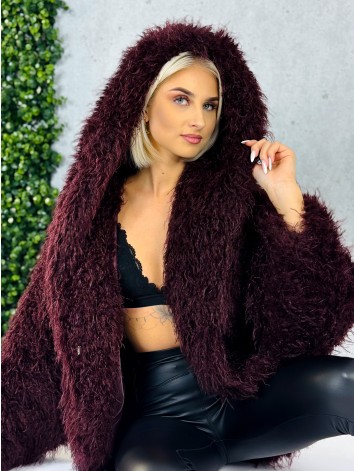 Dámsky bordový ovečkový kožuch s kapucňou Aria