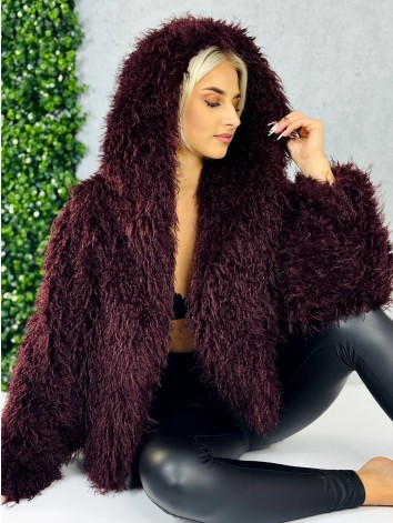 Dámsky bordový ovečkový kožuch s kapucňou Aria