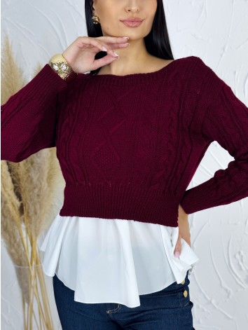 Dámsky bordový sveter s volánovým detailom