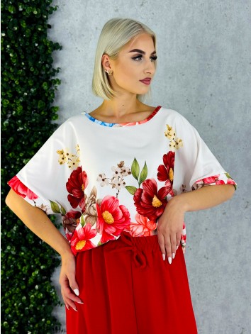 Dámsky červený letný komplet s kvetmi a širokými nohavicami