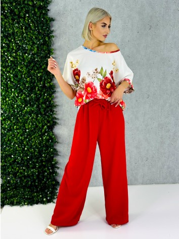 Dámsky červený letný komplet s kvetmi a širokými nohavicami