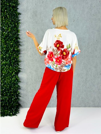 Dámsky červený letný komplet s kvetmi a širokými nohavicami
