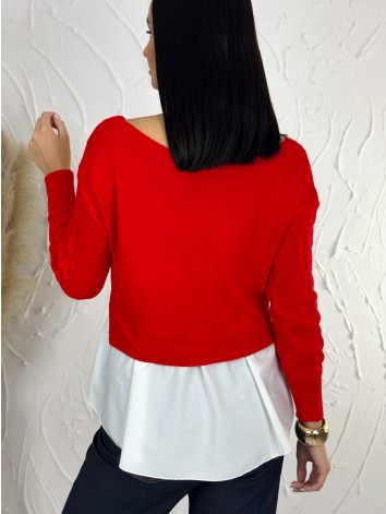 Dámsky červený sveter s volánovým detailom