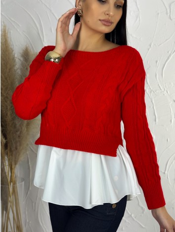 Dámsky červený sveter s volánovým detailom