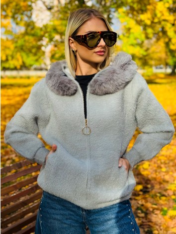 Dámsky chlpatý kardigan s kapucňou a kožušinkou sivý