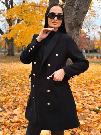 Dámsky čierny elegantný kabát s dvojradovým zapínaním Amara