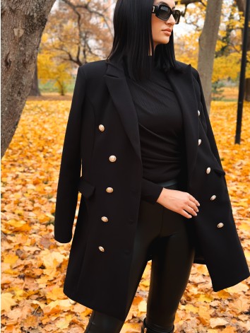 Dámsky čierny elegantný kabát s dvojradovým zapínaním Amara
