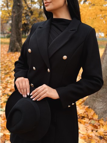 Dámsky čierny elegantný kabát s dvojradovým zapínaním Amara