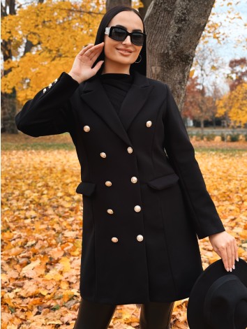 Dámsky čierny elegantný kabát s dvojradovým zapínaním Amara
