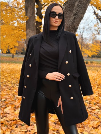 Dámsky čierny elegantný kabát s dvojradovým zapínaním Amara