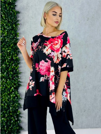 Dámsky čierny letný komplet s kvetmi a širokými nohavicami