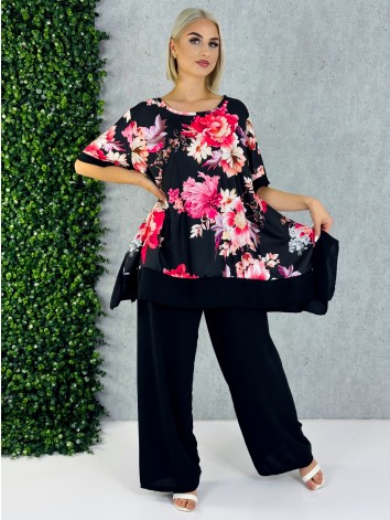 Dámsky čierny letný komplet s kvetmi a širokými nohavicami