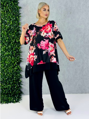 Dámsky čierny letný komplet s kvetmi a širokými nohavicami