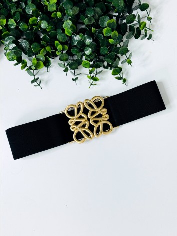 Dámsky čierny pružný hrubý opasok so zlatou sponou