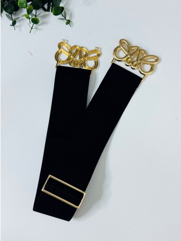 Dámsky čierny pružný hrubý opasok so zlatou sponou