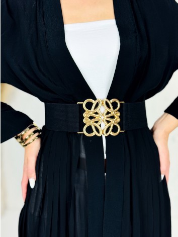Dámsky čierny pružný hrubý opasok so zlatou sponou