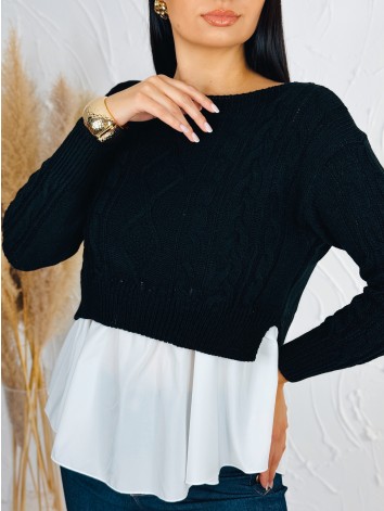 Dámsky čierny sveter s volánovým detailom