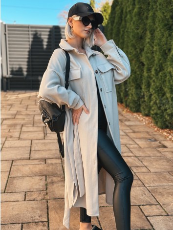 Dámsky dlhý béžový kabát s opaskom