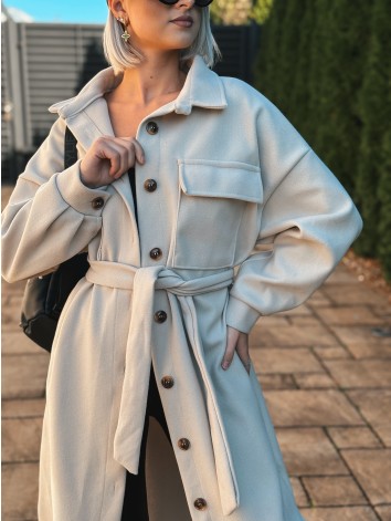 Dámsky dlhý béžový kabát s opaskom