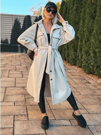 Dámsky dlhý béžový kabát s opaskom