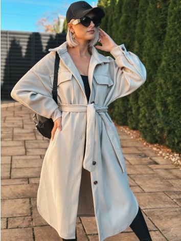 Dámsky dlhý béžový kabát s opaskom