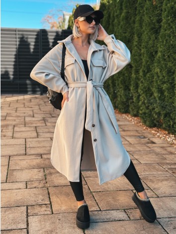 Dámsky dlhý béžový kabát s opaskom