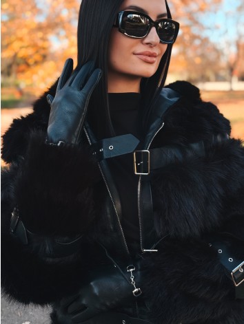 Dámsky dlhý čierny kožuch s kapucňou LEMILA