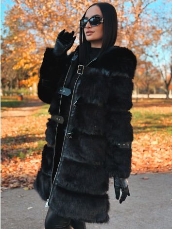 Dámsky dlhý čierny kožuch s kapucňou LEMILA