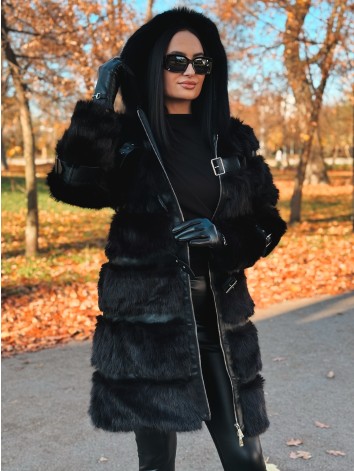 Dámsky dlhý čierny kožuch s kapucňou LEMILA