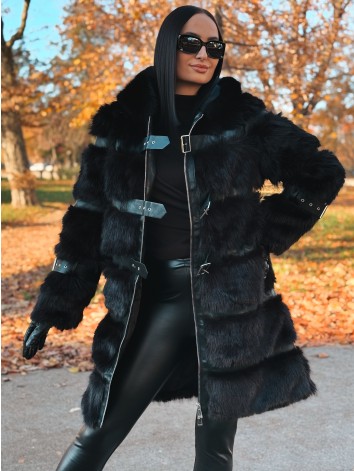 Dámsky dlhý čierny kožuch s kapucňou LEMILA