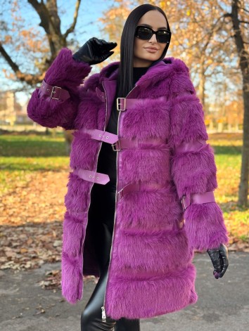 Dámsky dlhý fialový kožuch s kapucňou LEMILA