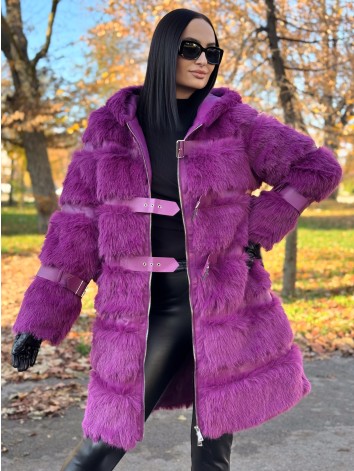 Dámsky dlhý fialový kožuch s kapucňou LEMILA