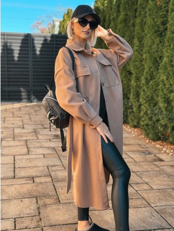 Dámsky dlhý hnedý kabát s opaskom