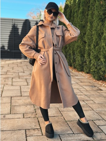 Dámsky dlhý hnedý kabát s opaskom