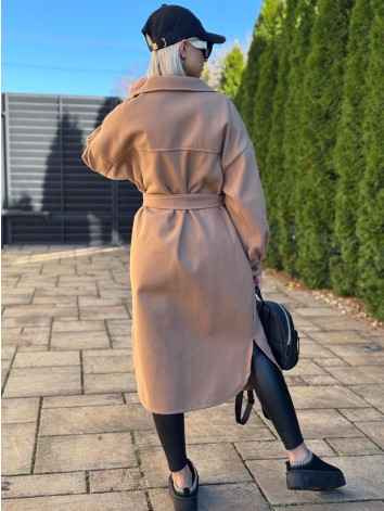 Dámsky dlhý hnedý kabát s opaskom