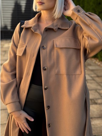 Dámsky dlhý hnedý kabát s opaskom