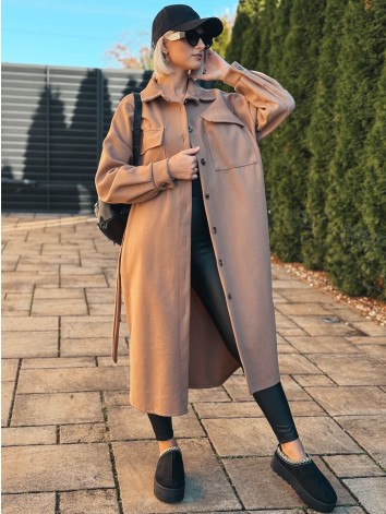 Dámsky dlhý hnedý kabát s opaskom