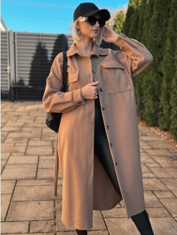 Dámsky dlhý hnedý kabát s opaskom